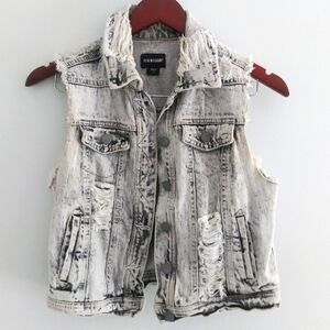 Joe Boxer SZ S Denim Vest White Black Pockets Distressed Ripped